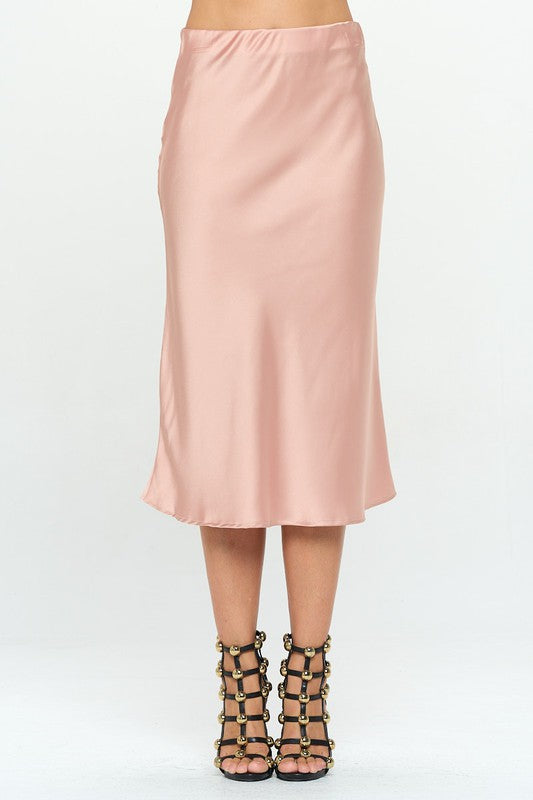 Made in USA Solid Stretch Satin Midi Skirt